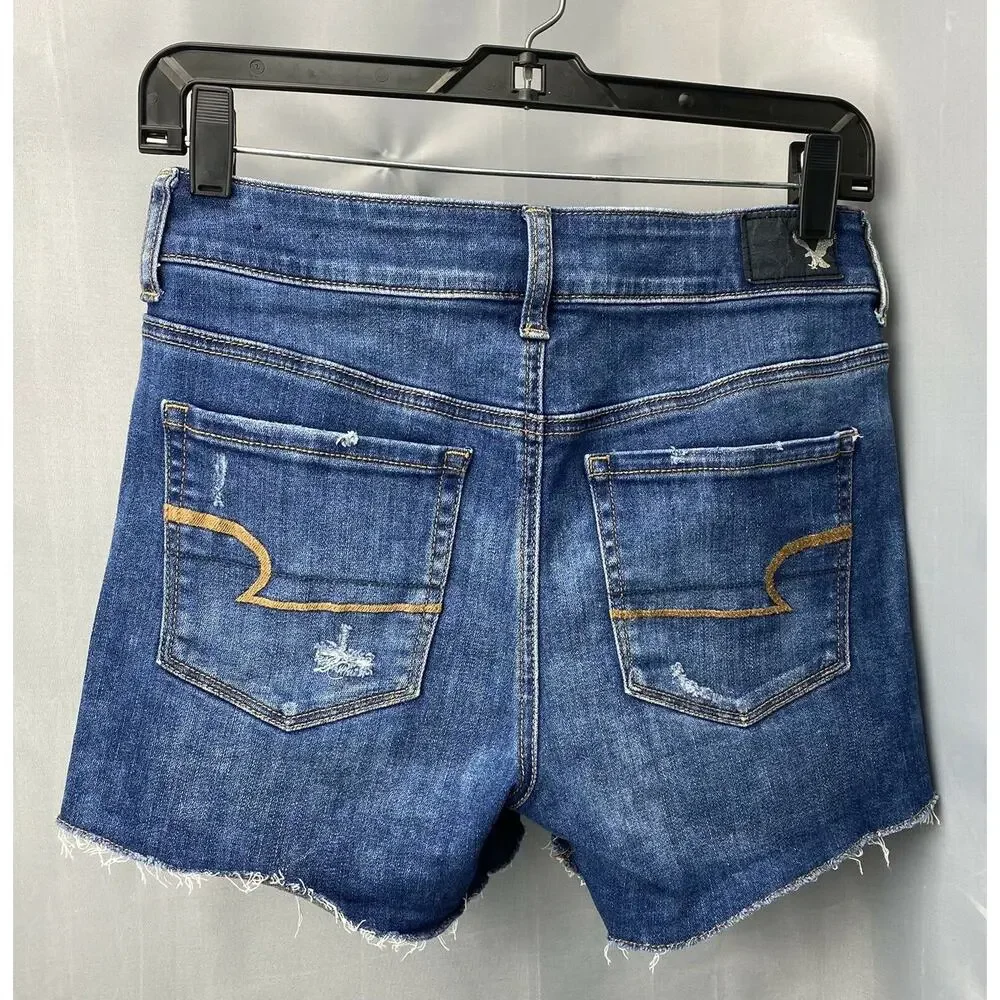 American Eagle Shorts 4 Hi-Rise Shortie Denim Jean Holes Raw Hems Distressed